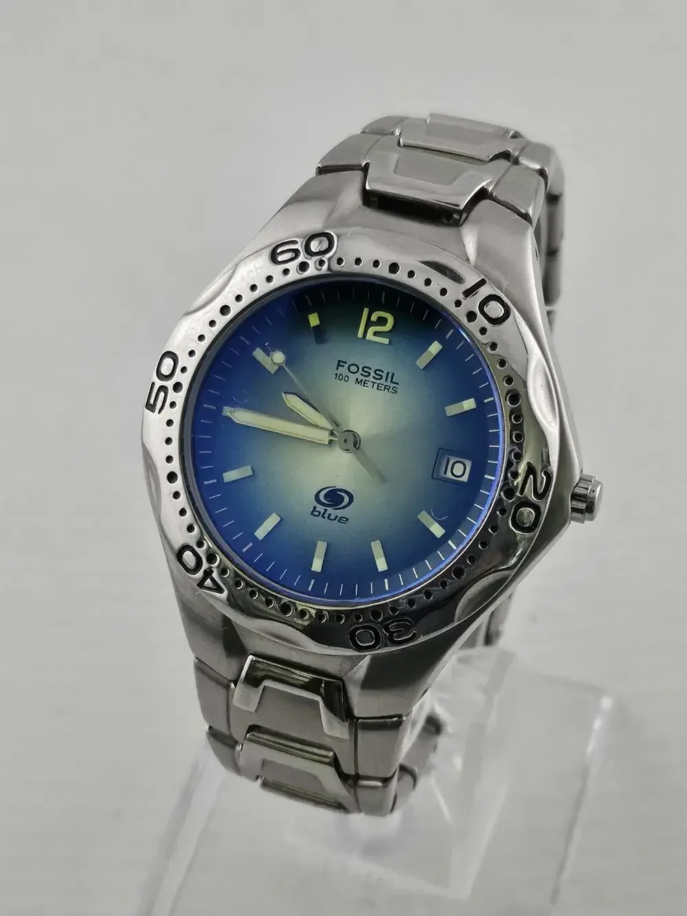 Mens Fossil Blue AM-3457 Water Resistant 100m Date IndicatorNew Battery Runs